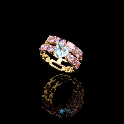 Heart-cut Aquamarine Pink Spinel Ring in 18K Yellow Gold