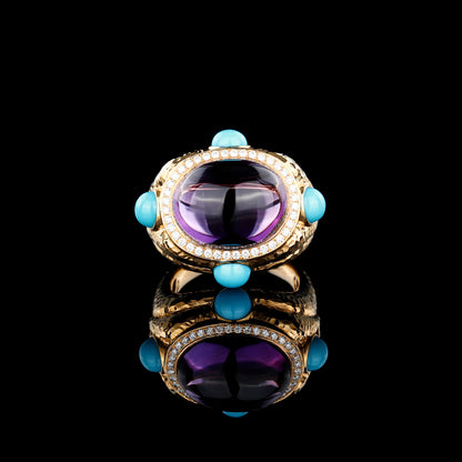 Cabochon Amethyst and Turquoise Dimond Ring in 18K Yellow Gold