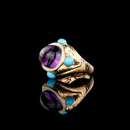 Cabochon Amethyst and Turquoise Dimond Ring in 18K Yellow Gold