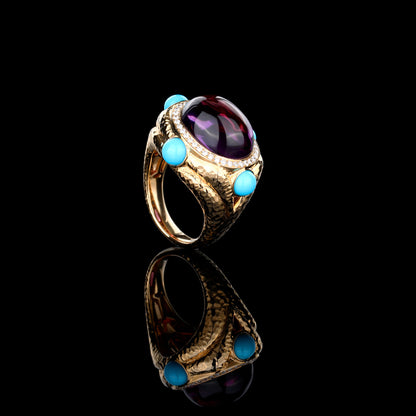 Cabochon Amethyst and Turquoise Dimond Ring in 18K Yellow Gold