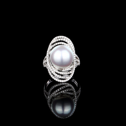 White South Sea Cultured Pearl Star Trail Diamond Ring in 18K White Gold