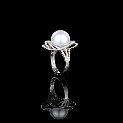 White South Sea Cultured Pearl Star Trail Diamond Ring in 18K White Gold