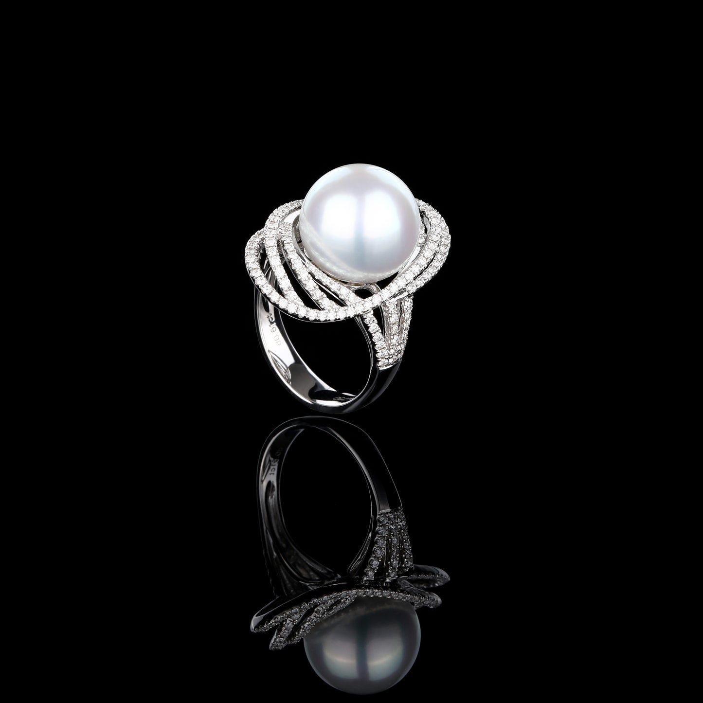 White South Sea Cultured Pearl Star Trail Diamond Ring in 18K White Gold