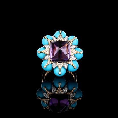 Sugarloaf Cut Amethyst and Turquoise Dimond Ring in 18K Yellow Gold