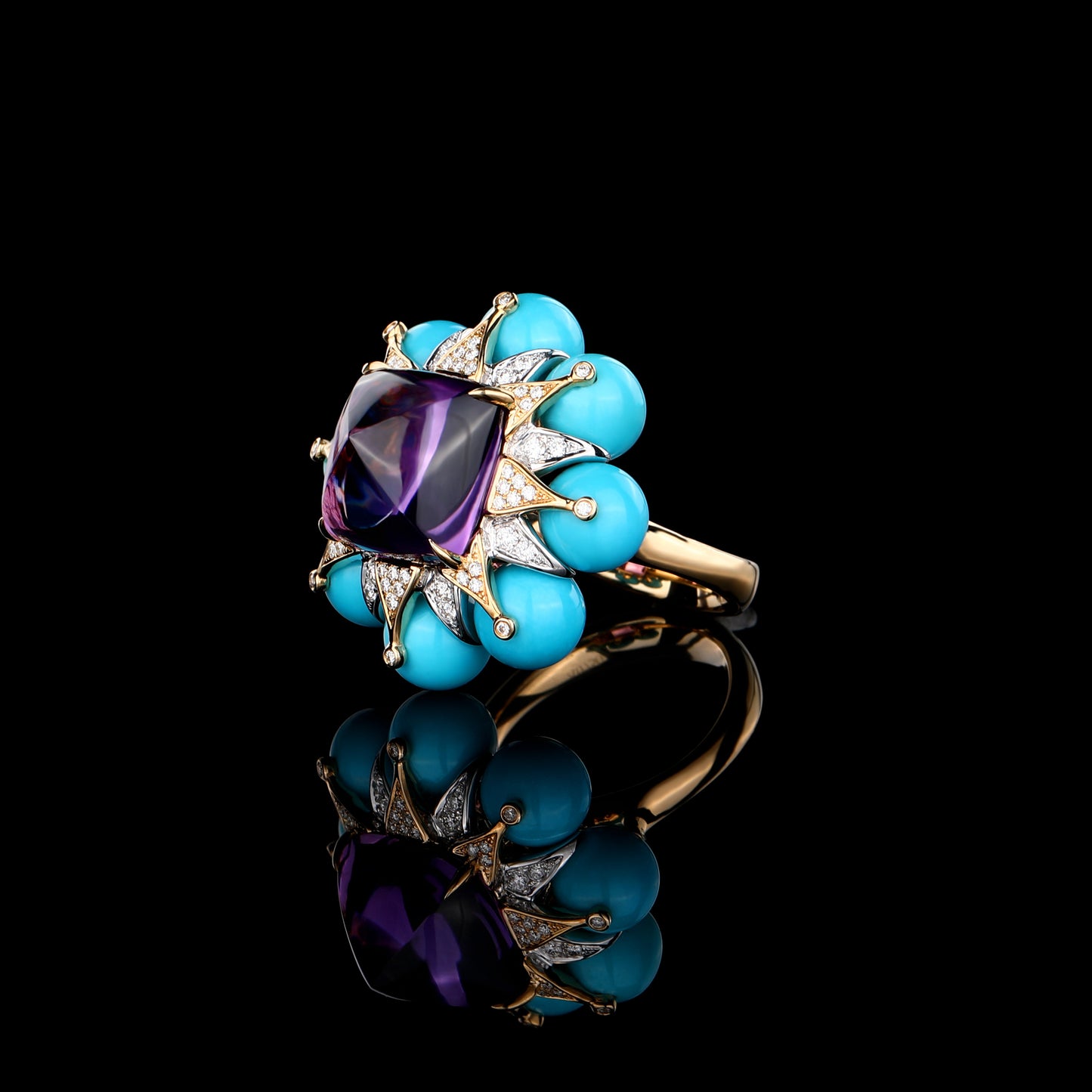 Sugarloaf Cut Amethyst and Turquoise Dimond Ring in 18K Yellow Gold