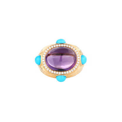 Cabochon Amethyst and Turquoise Dimond Ring in 18K Yellow Gold