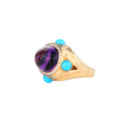 Cabochon Amethyst and Turquoise Dimond Ring in 18K Yellow Gold