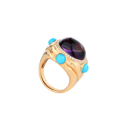 Cabochon Amethyst and Turquoise Dimond Ring in 18K Yellow Gold