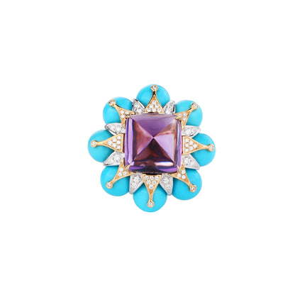 Sugarloaf Cut Amethyst and Turquoise Dimond Ring in 18K Yellow Gold