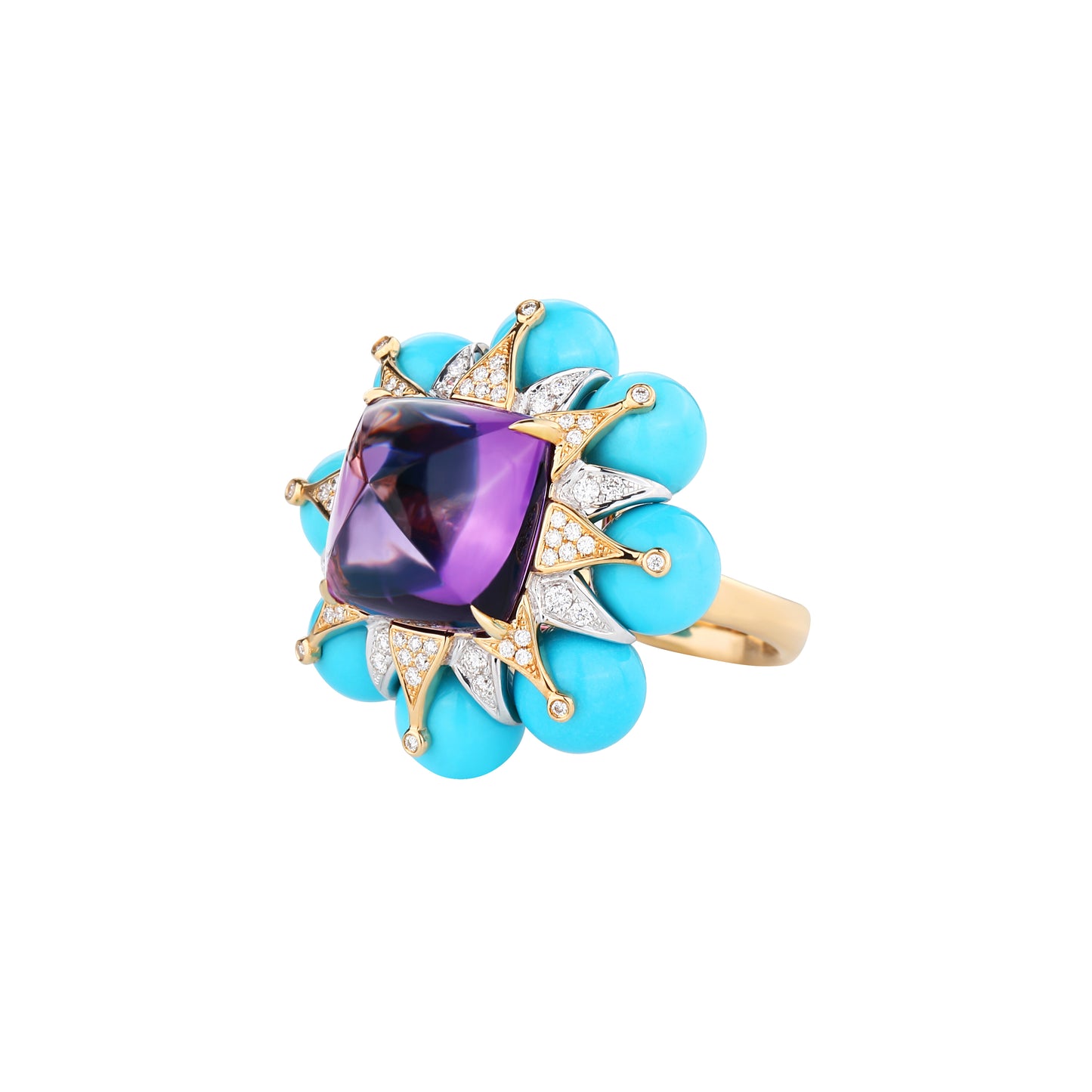 Sugarloaf Cut Amethyst and Turquoise Dimond Ring in 18K Yellow Gold