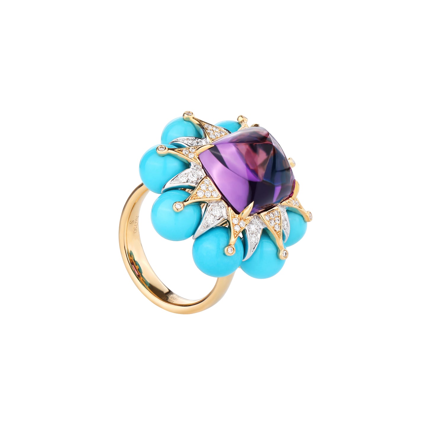 Sugarloaf Cut Amethyst and Turquoise Dimond Ring in 18K Yellow Gold