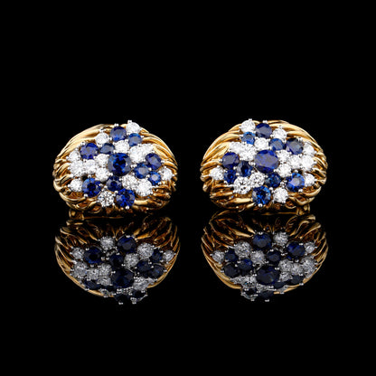 Natural Royal Blue Sapphire Diamond Earrings in 18K Yellow Gold