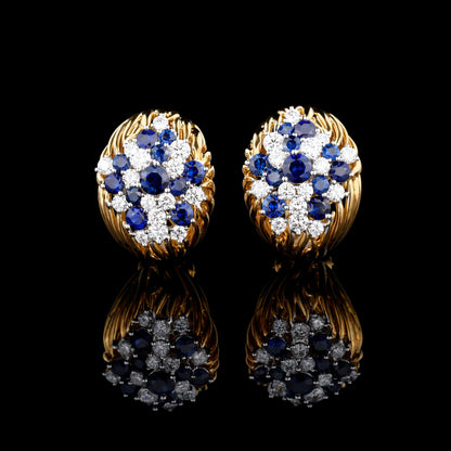 Natural Royal Blue Sapphire Diamond Earrings in 18K Yellow Gold