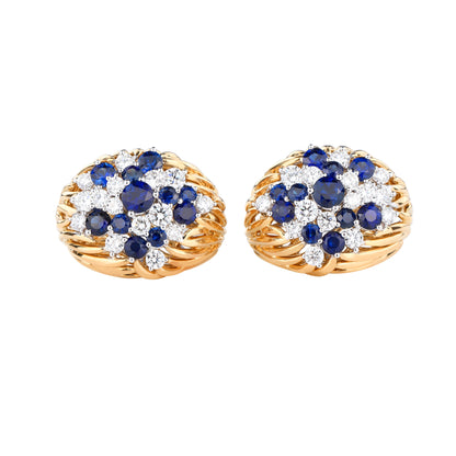 Natural Royal Blue Sapphire Diamond Earrings in 18K Yellow Gold