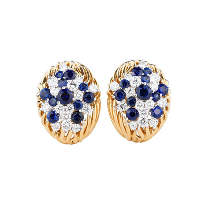 Natural Royal Blue Sapphire Diamond Earrings in 18K Yellow Gold