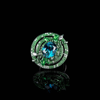 Natural Zircon and Tsavorite Pave Diamond Ring in 18K White Gold