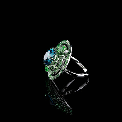 Natural Zircon and Tsavorite Pave Diamond Ring in 18K White Gold