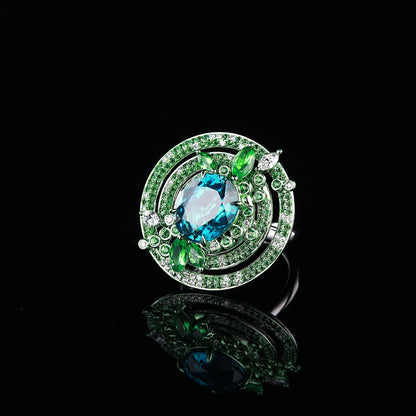 Natural Zircon and Tsavorite Pave Diamond Ring in 18K White Gold