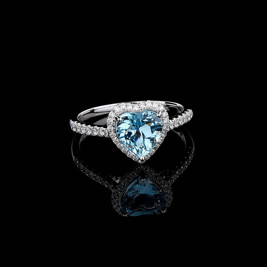 Heart-cut Santa amaria Aquamarine Diamond Ring in 18K White Gold