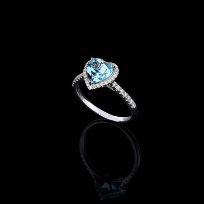 Heart-cut Santa amaria Aquamarine Diamond Ring in 18K White Gold