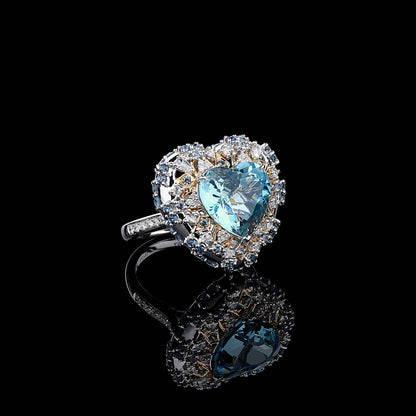 Heart-cut Santa Maria Aquamarine Diamond Ring in 18K White Gold