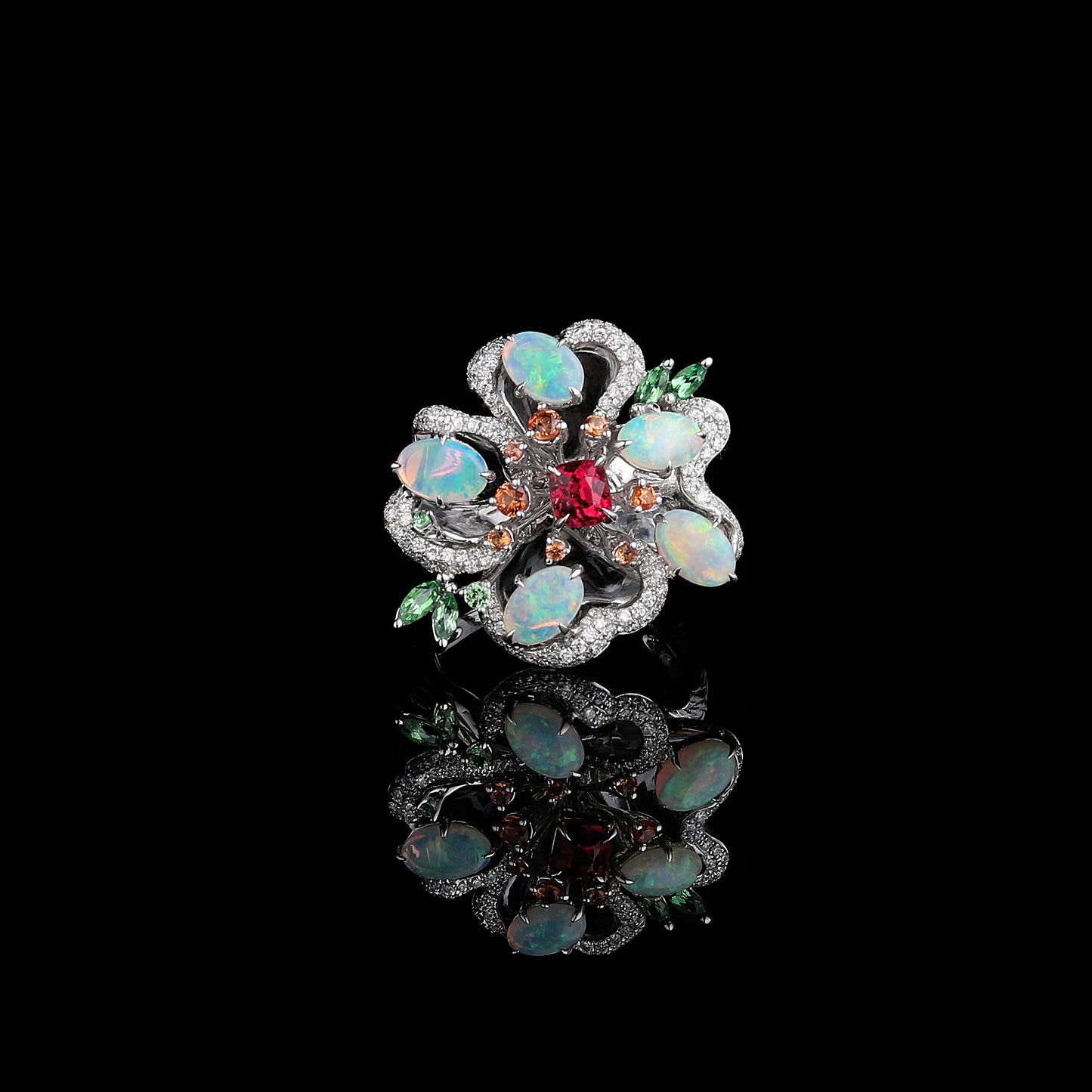 Natural Jedi Spinel and Opal Diamond Flower Ring in 18K White Gold