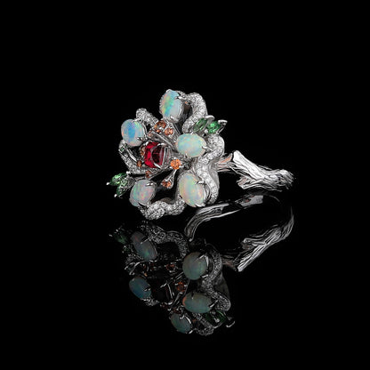 Natural Jedi Spinel and Opal Diamond Flower Ring in 18K White Gold