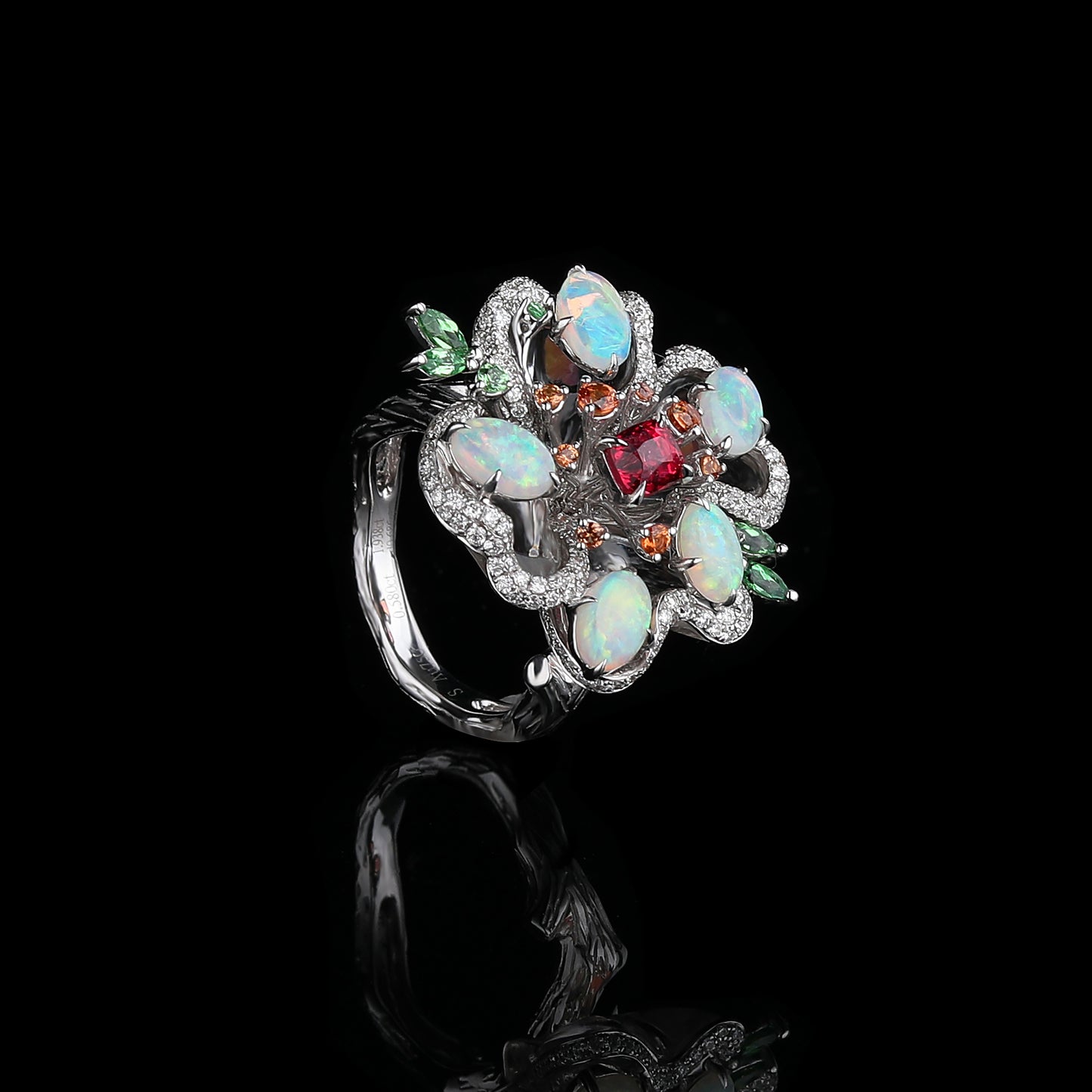 Natural Jedi Spinel and Opal Diamond Flower Ring in 18K White Gold