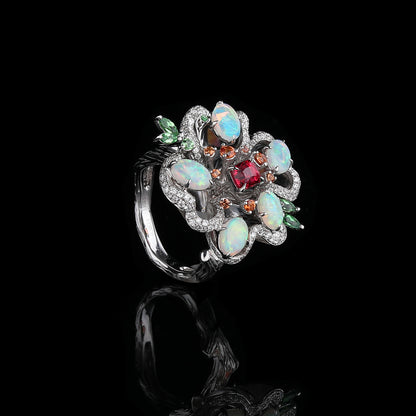 Natural Jedi Spinel and Opal Diamond Flower Ring in 18K White Gold