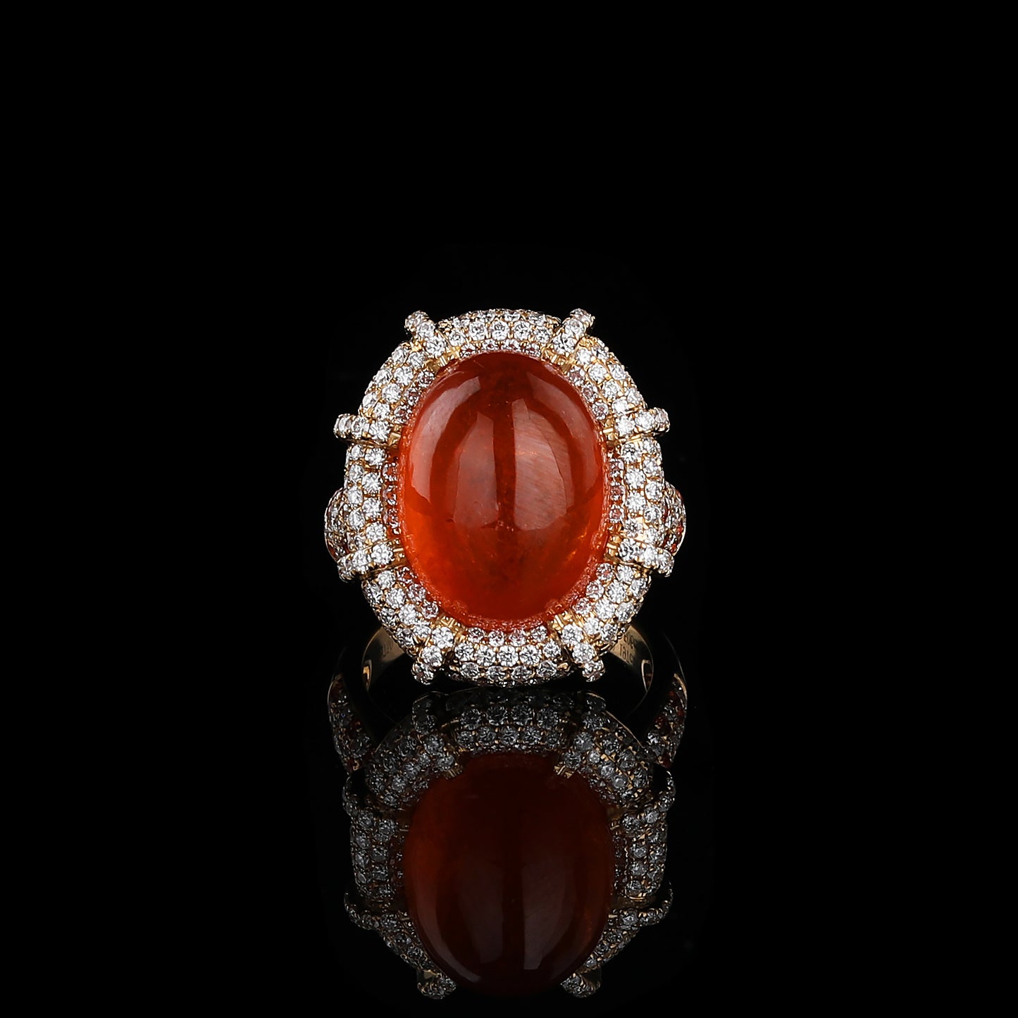 Natural Rich Red Orange Cabochon Spessartine Garnet Diamond Ring in 18K Yellow Gold