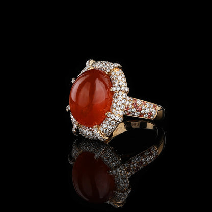 Natural Rich Red Orange Cabochon Spessartine Garnet Diamond Ring in 18K Yellow Gold