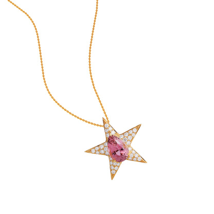 Pear-cut Pink Tourmaline Diamond Star Necklace in 18K Yellow Gold