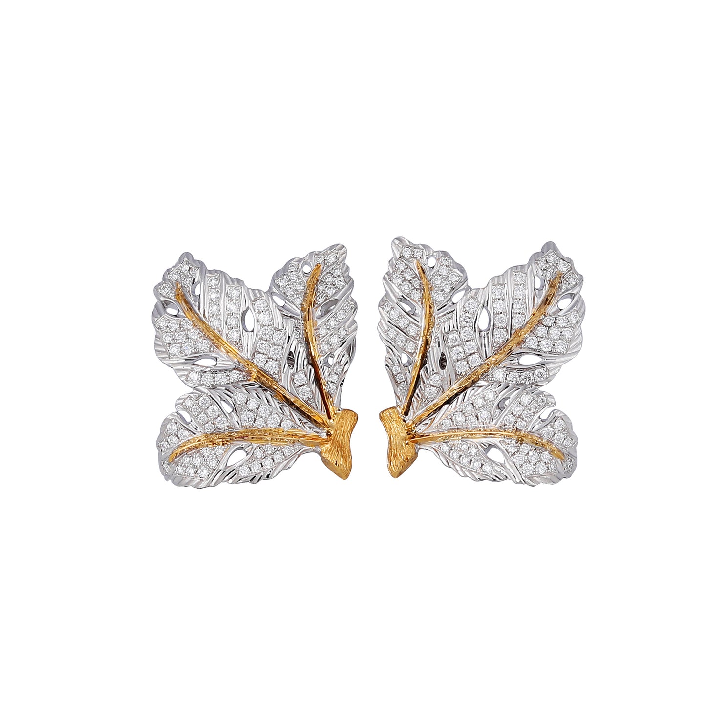 Diamond Leaf Studs in 18K White and Yellow Gold