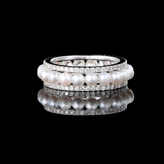 2-3mm Akoya Cultured Pearls Eternity Diamond Ring in 18K White Gold