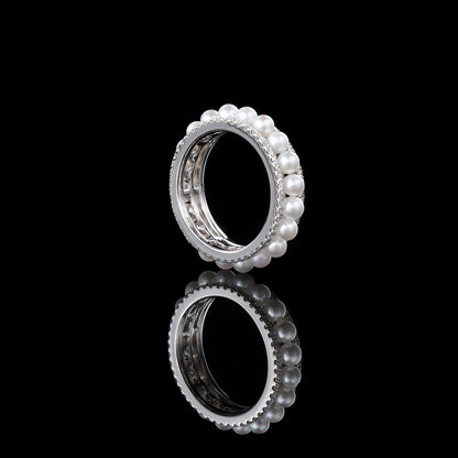 2-3mm Akoya Cultured Pearls Eternity Diamond Ring in 18K White Gold