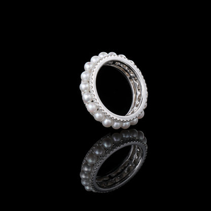 2-3mm Akoya Cultured Pearls Eternity Diamond Ring in 18K White Gold