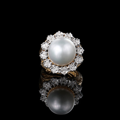 White South Sea Cultured Pearl Diamond Ring in 18K Yellow Gold