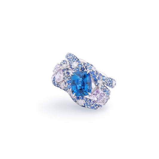 Natural Unheated Cornflower Blue Sapphire Diamond Ring in 18K White Gold