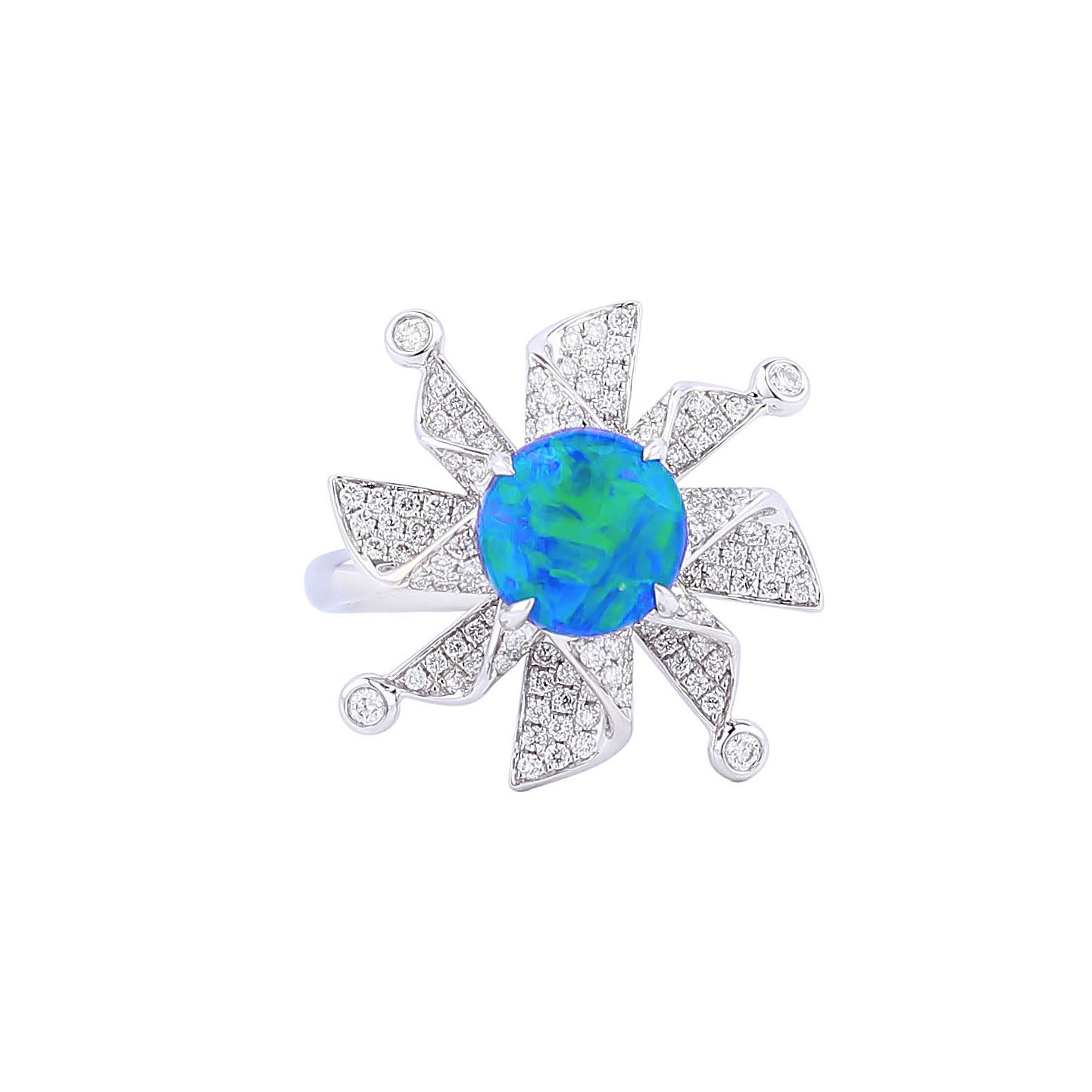 Natural Opal Diamond Windmill Ring in 18K White Gold