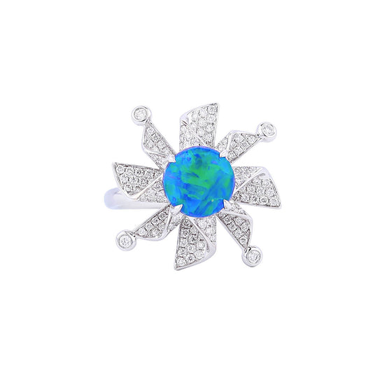 Natural Opal Diamond Windmill Ring in 18K White Gold