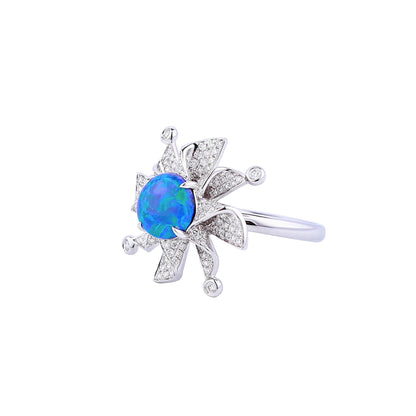 Natural Opal Diamond Windmill Ring in 18K White Gold