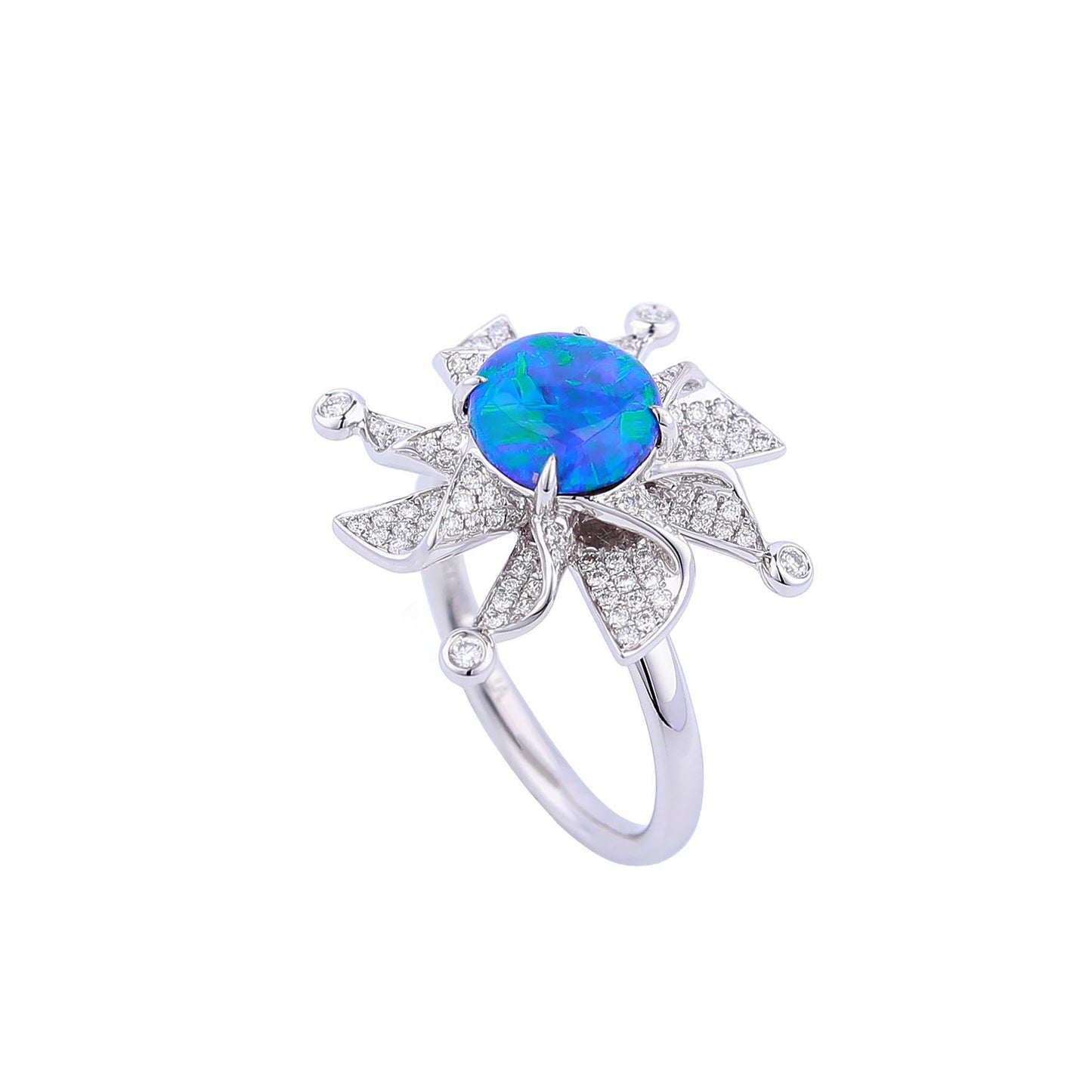 Natural Opal Diamond Windmill Ring in 18K White Gold