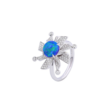 Natural Opal Diamond Windmill Ring in 18K White Gold