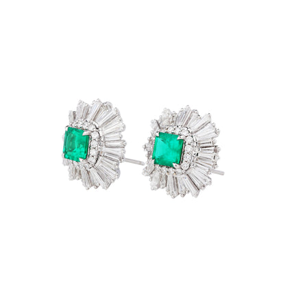 Natural Emerald Diamond Earrings in 18K White Gold