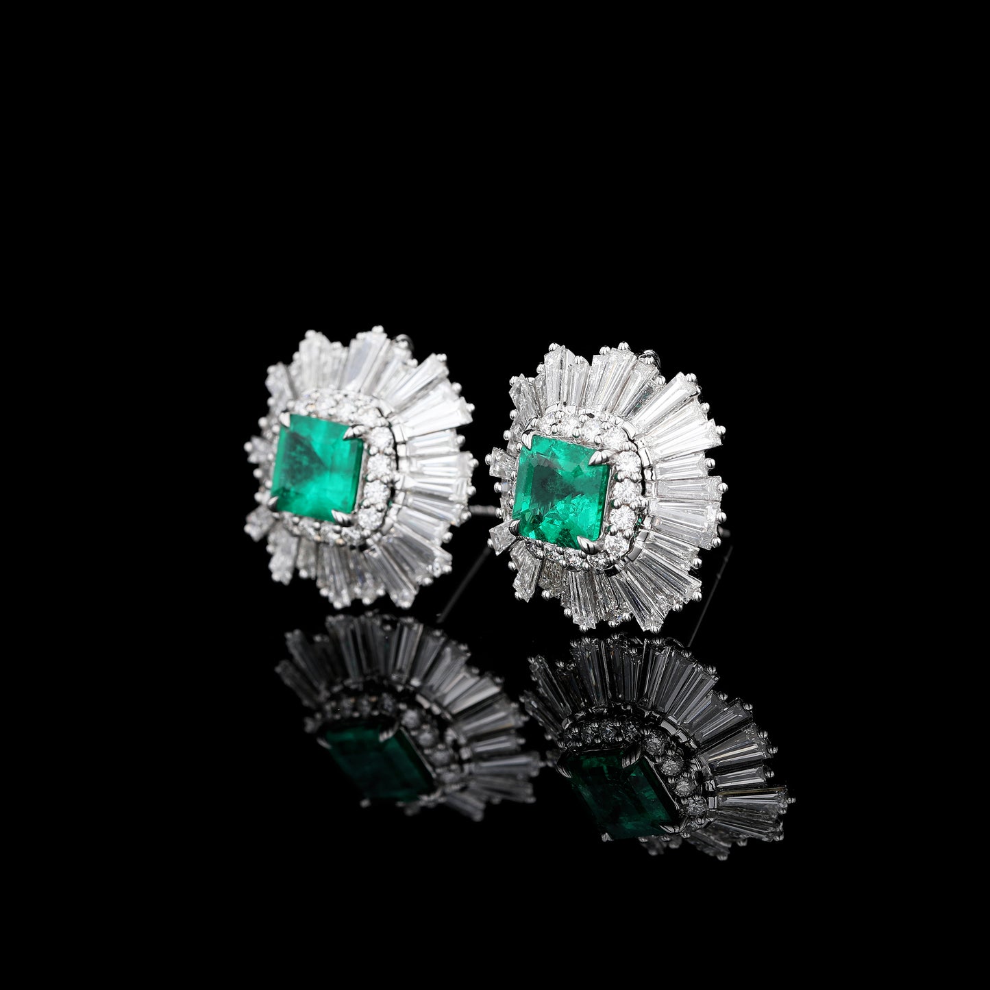 Natural Emerald Diamond Earrings in 18K White Gold