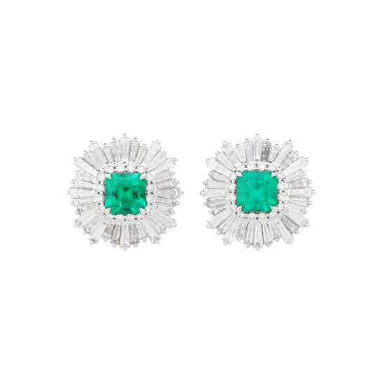 Natural Emerald Diamond Earrings in 18K White Gold