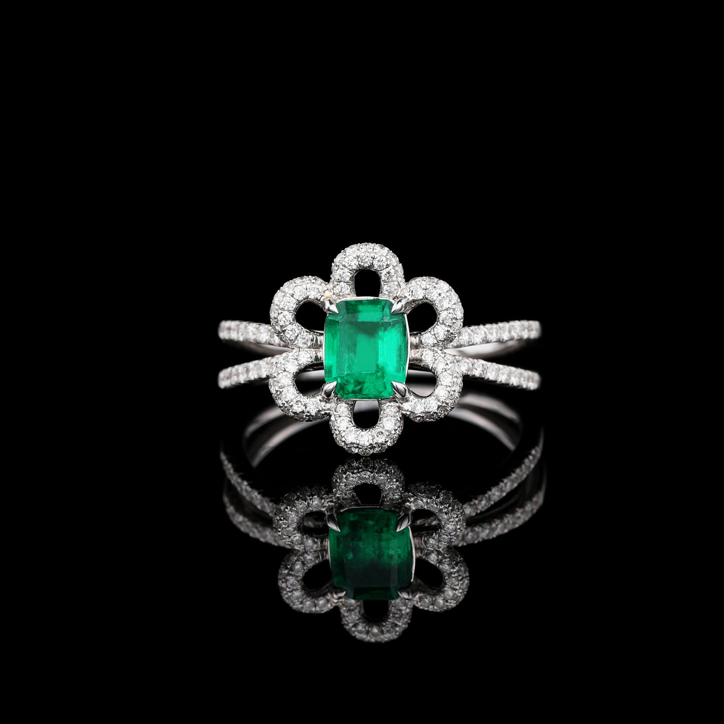 Natural Emerald Diamond Ring in 18K White Gold