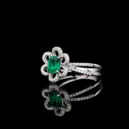 Natural Emerald Diamond Ring in 18K White Gold