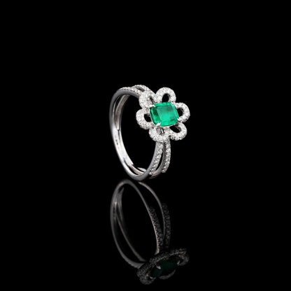 Natural Emerald Diamond Ring in 18K White Gold