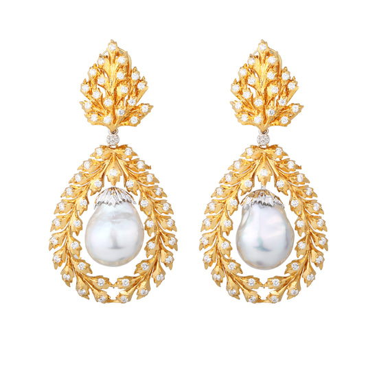 White South Sea Baroque Pearl Diamond Earrings in 18K Yellow Gold